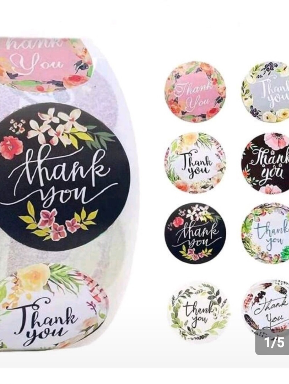 Floral 'Thank You' Sticker Seals. 500 Per Roll.
